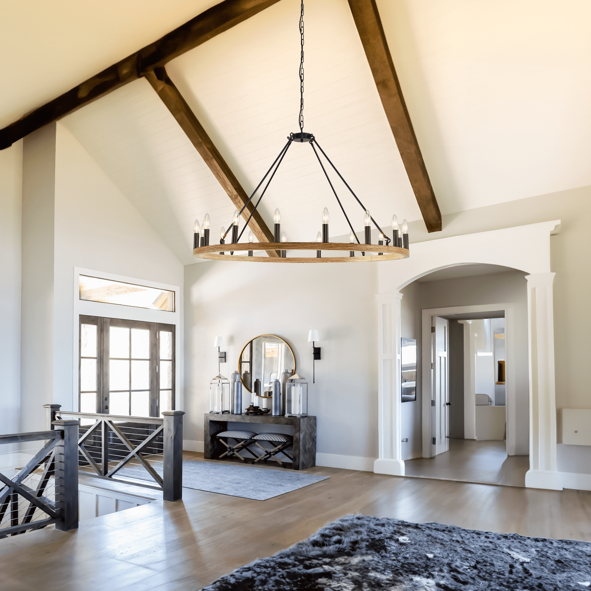 LovingAHome Walnut Wagon Wheel Chandelier 43" Wide Industrial 16-Light Fixture for Dining Room House Foyer Kitchen Island Entryway