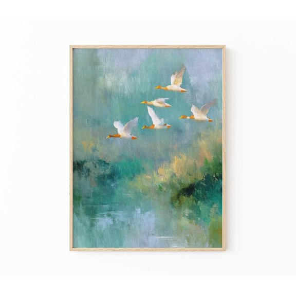 Mallard Ducks Flying Over Lake Vintage Pastel Nature Art V6, Stretched Canvas