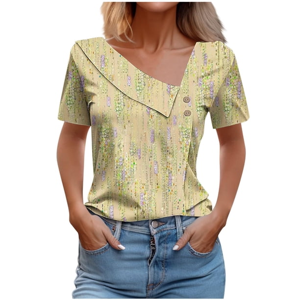 Tops de Algodón para Mujeres Cuello en V Casual de Manga Corta, Imitación Algodón Primavera Y Blusa de Verano