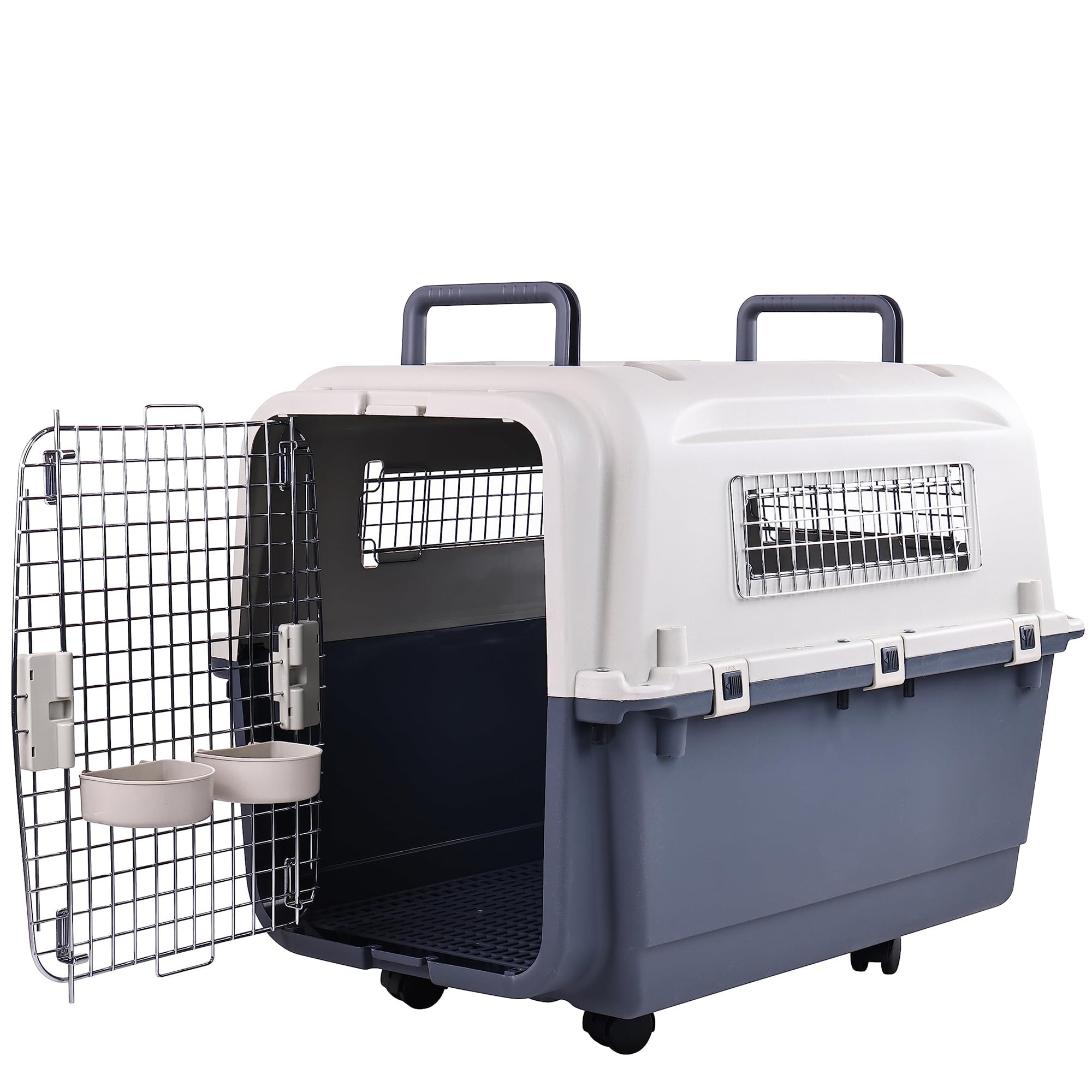 GIANNA Plastic Kennels Pet Carrier Rolling Plastic Airline Approved Wire Door Travel Dog Crate, Grey, Large