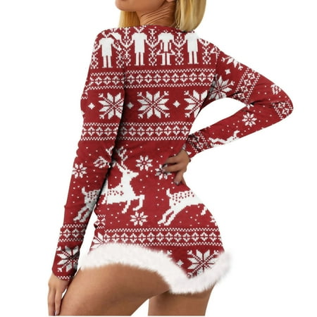

Munlar Robes For Women Christmas Loungewear For Family Women’s Christmas Not Positioned Print V-neck Feather Detail Long Sleeve Sexy Bodysuit Sexy Lingerie Pajamas