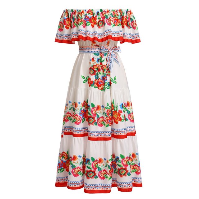 FYMNSI Robe Mexicaine pour Femmes Imprimé Floral Épaules Dénudées Boho Longue Maxi Robe Été Robe de Soleil