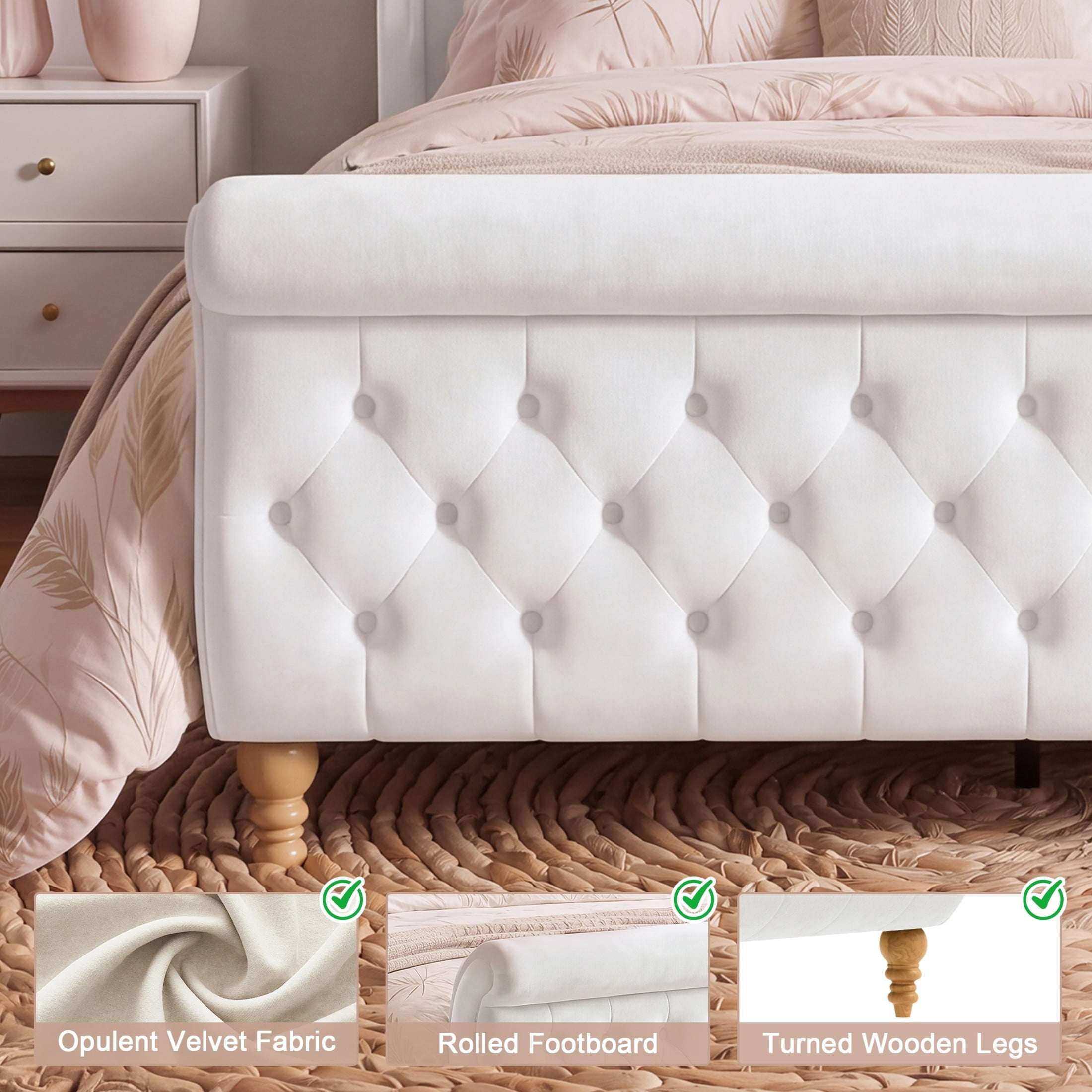 GDF Studio Orlan Queen Size Velvet Upholstered Sleigh Platform Bed Frame with Wood Slat Support, Modern Design, Beige White