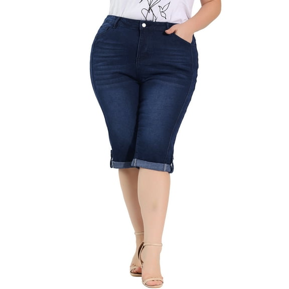 Unique Bargains Women's Plus Size Capri Ripped Casual Chambray Denim Jeans
