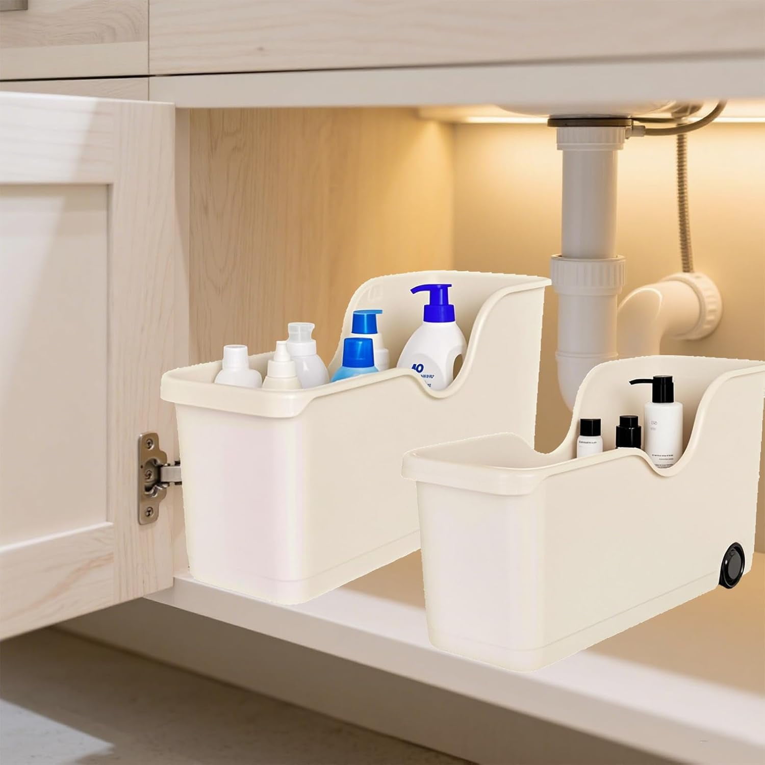 New Pull Out Cabinet Organizer Bin with Roll Wheels, Kitchen Bathroom Cabinet Under Sink Organizer and Storage, Multi-Use Cabinet Organizer Basket for Pantry Garage Shelves High Cabinets (Large)