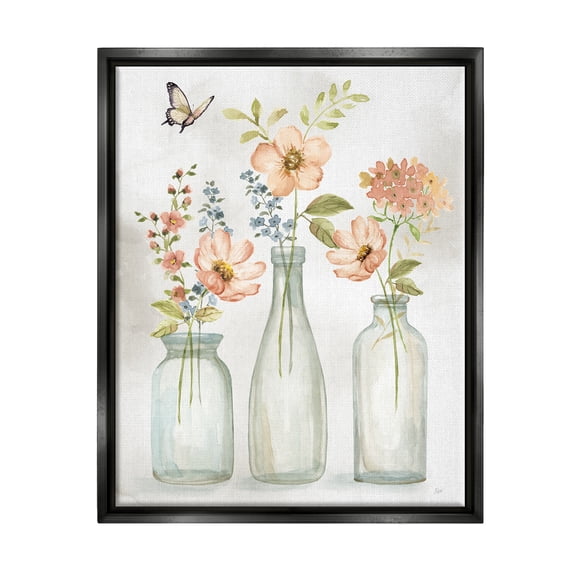 Stupell Industries Soft Pink Flower Vases Botanical & Floral Painting Black Floater Framed Canvas Art Print Wall Art, 17 x 21