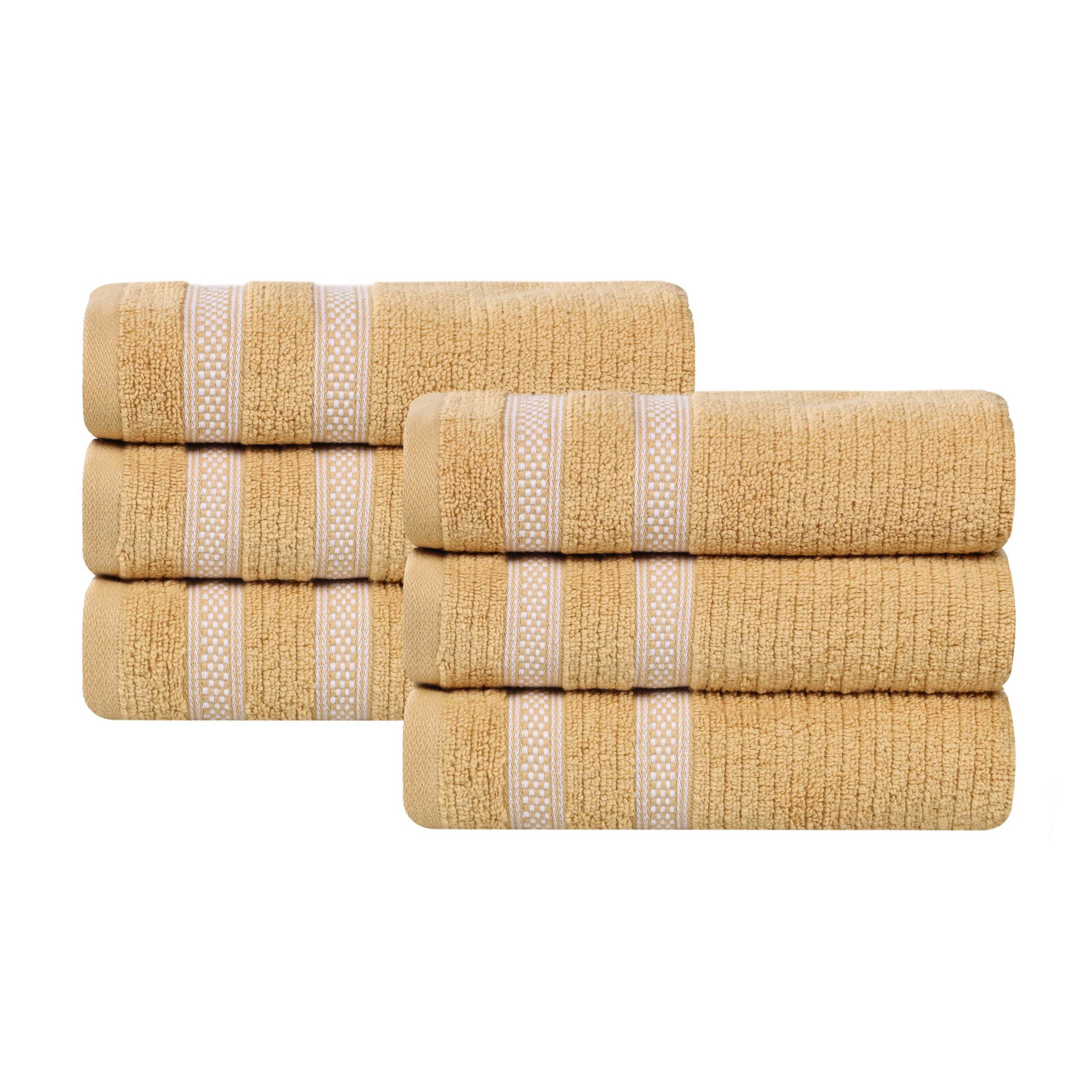 Superior Zero Twist Cotton Ribbed Geometric Hand Towel Set of 6, Ultra Soft Quick Dry, Gold