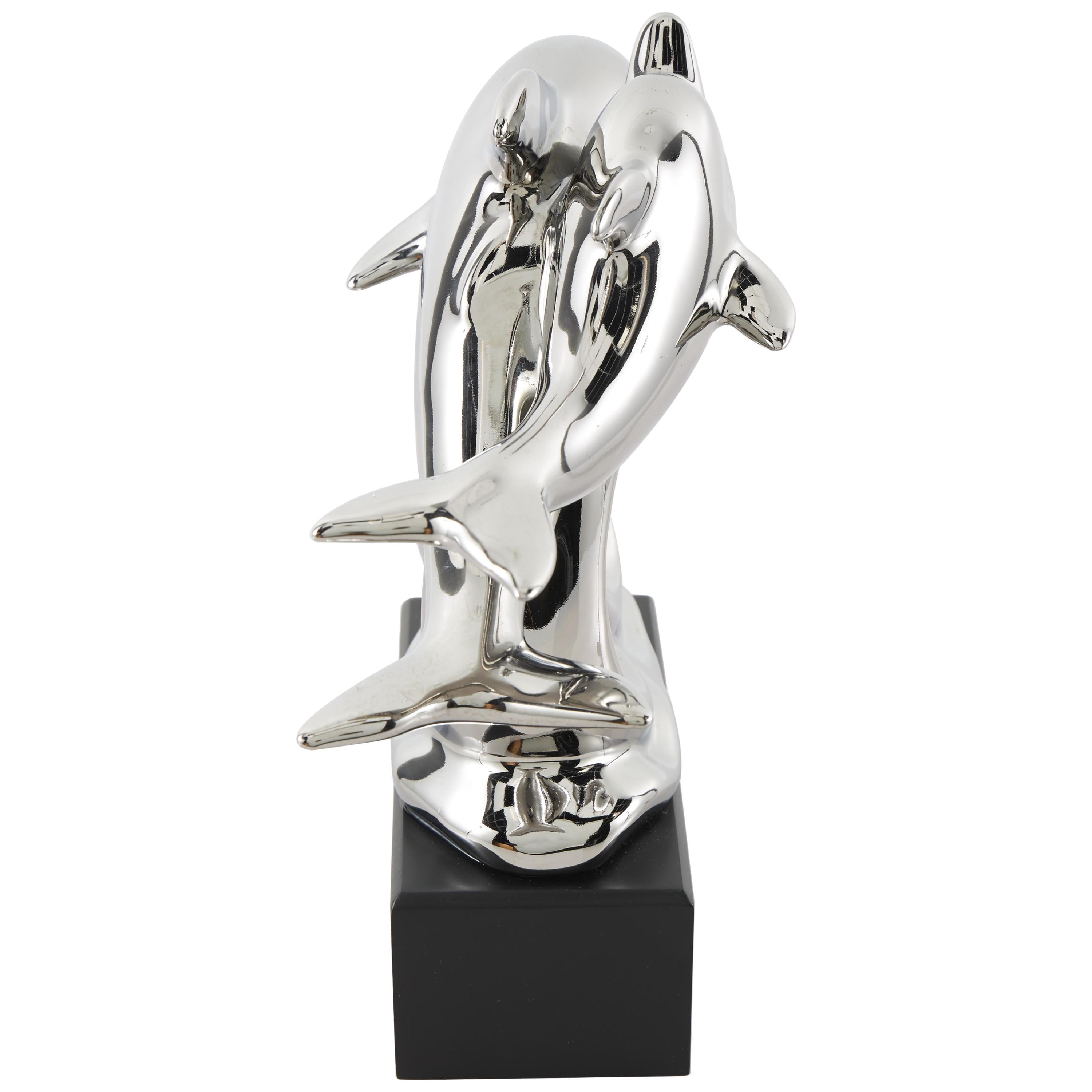 10" x 9" Silver Ceramic Dolphin Sculpture with Black Block Base, by DecMode