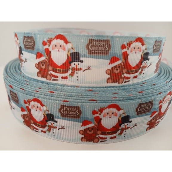 Grosgrain Ribbon Printed Christmas Santa Claus Teddy Bear Snowman, 3 Yards (9 Feet) 1 Inch Wide