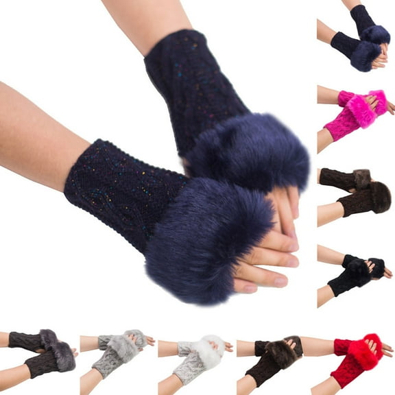 WonderWiz Winter Fingerless Gloves Knit Long Sleeve Mitten Gloves Wrist Warmer with Thumb Hole for Women Faux Fur Black One Size