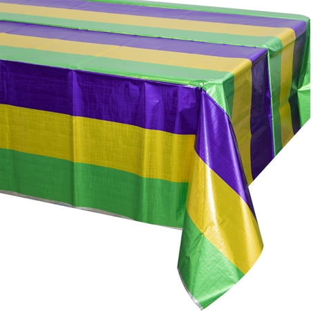 Way To Celebrate! Mardi Gras Striped Foil Table Cover, 84 in x 54 in, Multicolor