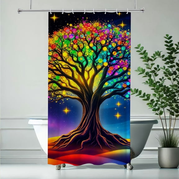 RKSupls Waterproof Shower Curtain, Cosmic Rainbow Tree, Polyester Fabric with Rustproof Hooks, Mildew Resistant & Quick Dry Washable for Chic Home Bathtub Decor