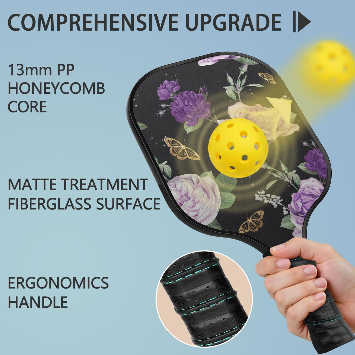 Pickleball Paddles Set Of 2, Fiberglass Surface, Vintage Floral & Butterfly, 4 Balls & Bag