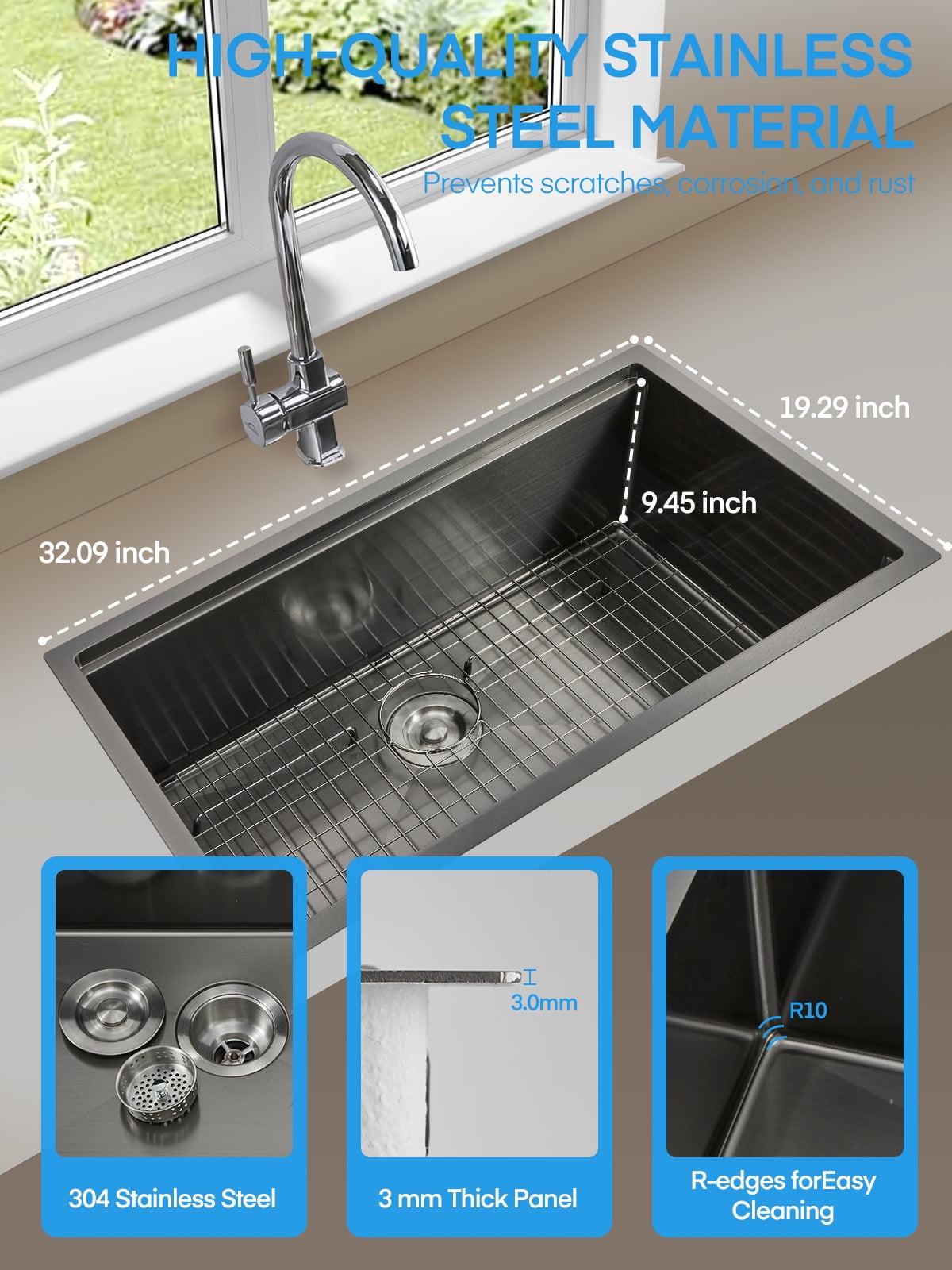 32" Farmhouse Single Basin Stainless Steel Sink, Undermount Kitchen Sink, 5-in-1