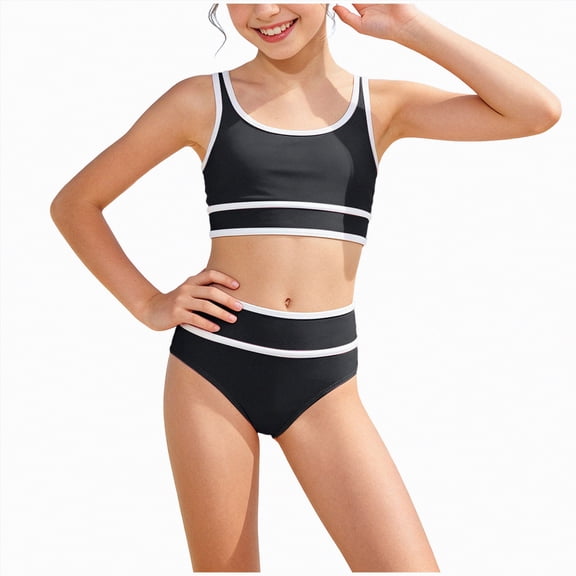 Yindaity Girls Swimsuits Tween Girls Swimsuits Two Piece Colorblock Bikini Sets with Chest Pad(Black,9-10 Years)