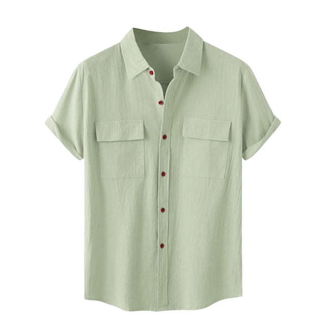 Timegard Womens Cotton Linen Tops Lapel Neck Button Short Sleeve Shirts Casual Loose Tops with Pockets