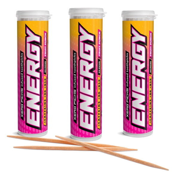 Xero Picks Energy Caffeine Flavored Toothpicks B12 for Focus & B6 (Fruit Punch, Pack of 3)Sugar-Free Alternative to Energy Mints & Gum - Kosher
