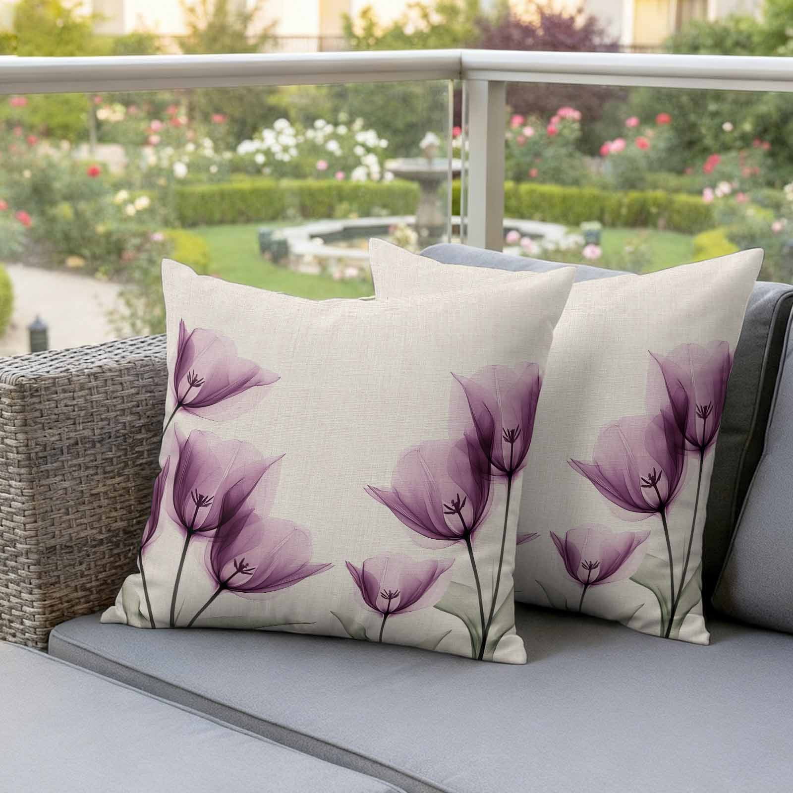 Spring Floral Pillow Covers 2 Pack Watercolor Flowers Purple Tulip Linen Texture Pillowcase Waterproof Outdoor Throw Pillow Cover for Patio Garden Square Cushion 24”x24”