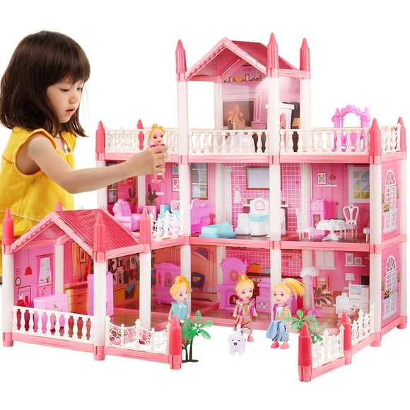 DIY Doll House 3-Story 9 Rooms Princess Dream Castle Pink Pretend Play House with String Light and Furniture Accessories Children Christmas Toy Gift