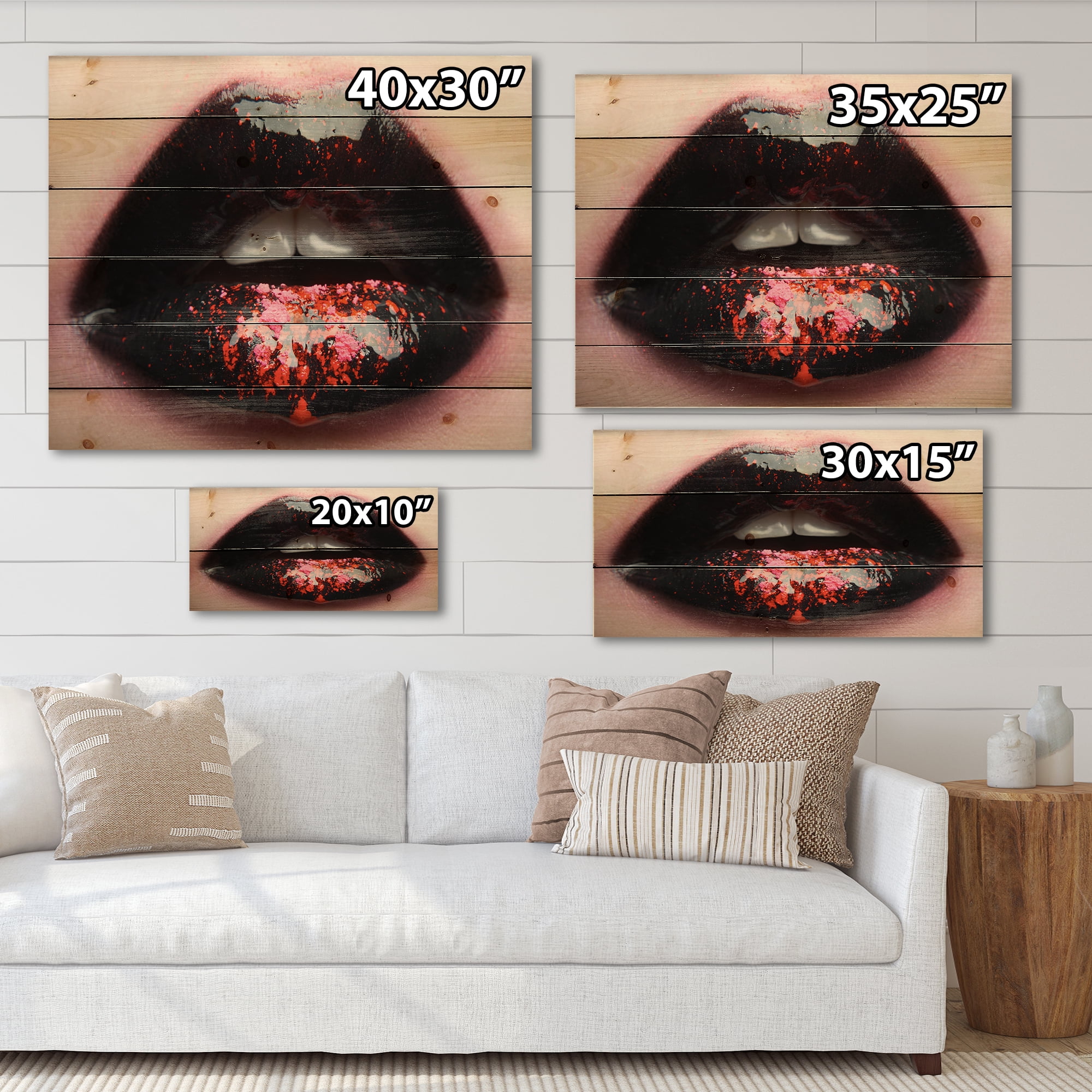 Designart 'Plump Woman Lips With Pink and Black' Modern Print on Natural Pine Wood