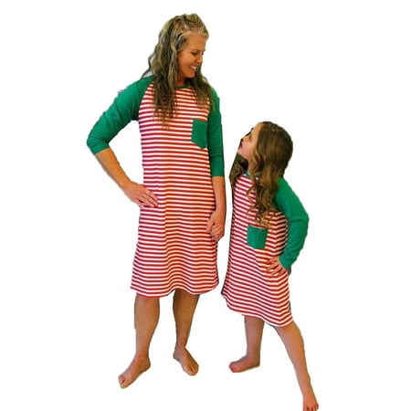 

wybzd Christmas Parent-Child Matching Pajamas Dress Casual Stripe Long Sleeve Soft Nightwear Dresses Outfits