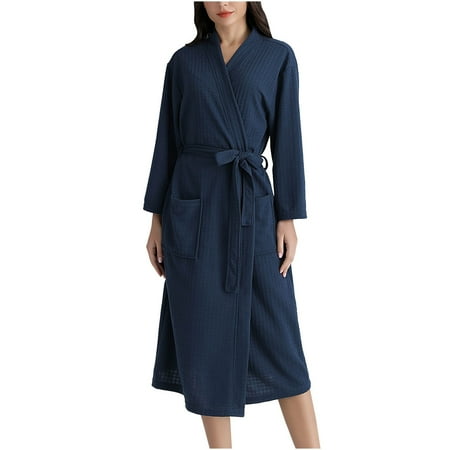 Bridal Robe Long Bathrobes for Women  Womens Cotton Robe  Kimonos Waffles Robe Loungewear Lingerie Robe S-70 Navy XL