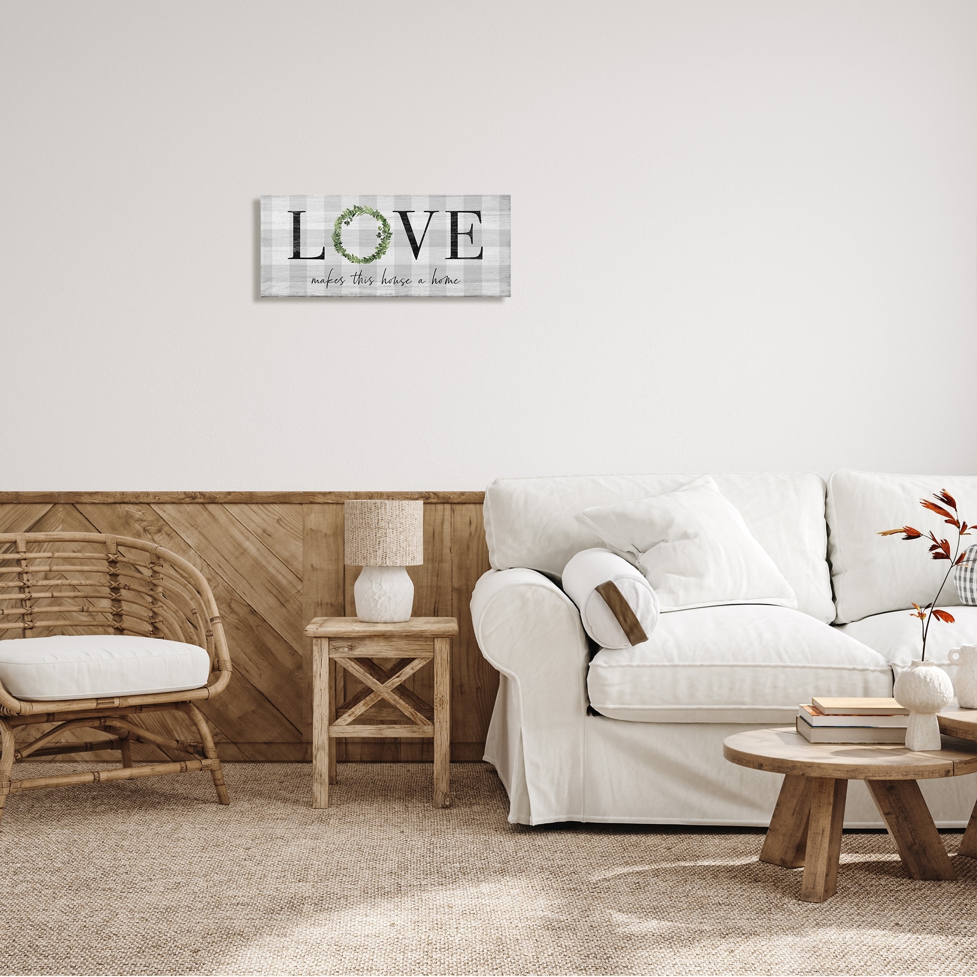 Stupell Industries Love Makes House Home Phrase Green Wreathe Plaid Graphic Art Gallery-Wrapped Canvas Print Wall Art, 48x20, by Natalie Carpentieri