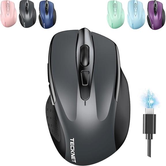 TECKNET Wireless Mouse for Laptop,Ergonomic Wireless Mouse 6 Buttons,Wireless Mouse (BT5.0/3.0 & 2.4G) Rechargeable 4800 DPI Silent Wide Compatibility for Chromebook,Desktop,PC,Mac