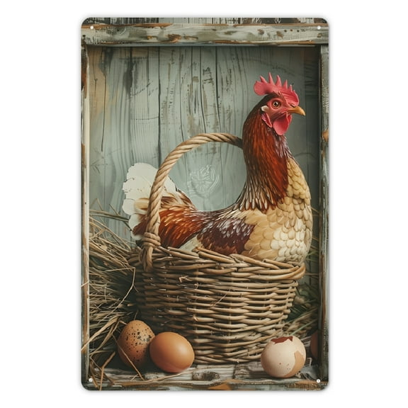 1pc Rustic Farmhouse Vintage Metal Tin Sign - Iron Wall Art with Farm Chickens and Fresh Eggs Design, Decorative Plaque for Home, Outdoor, Garage, Porch, Cafe, Bar, Man Cave - 8x12 inches