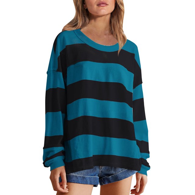Timegard Sweatshirts for Women Striped Crewneck Long Sleeve Pullover Fall Loose Comfy Oversized Tops