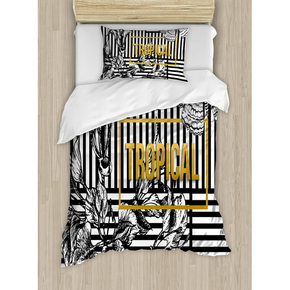 Flower Duvet Cover Set, Exotic Petals with Tropic Butterfly over Minimalist Striped Background, Decorative 2 Piece Bedding Set with 1 Pillow Shams, Twin Size, Black White Pale Coffee, by Ambesonne