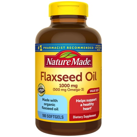 Nature Made Flaxseed Oil 1000 mg Softgels, 180 Count Value Size for Heart