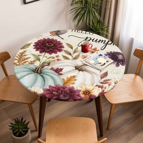 Round Fitted Tablecloth with Elastic Edge, Hello Pumpkin Thanksgiving Flower Waterproof Oil-Proof Table Cover, Fall Rustic Garden Plant Circle Table Cloth for Indoor Outdoor Picnic Party 36"x44"