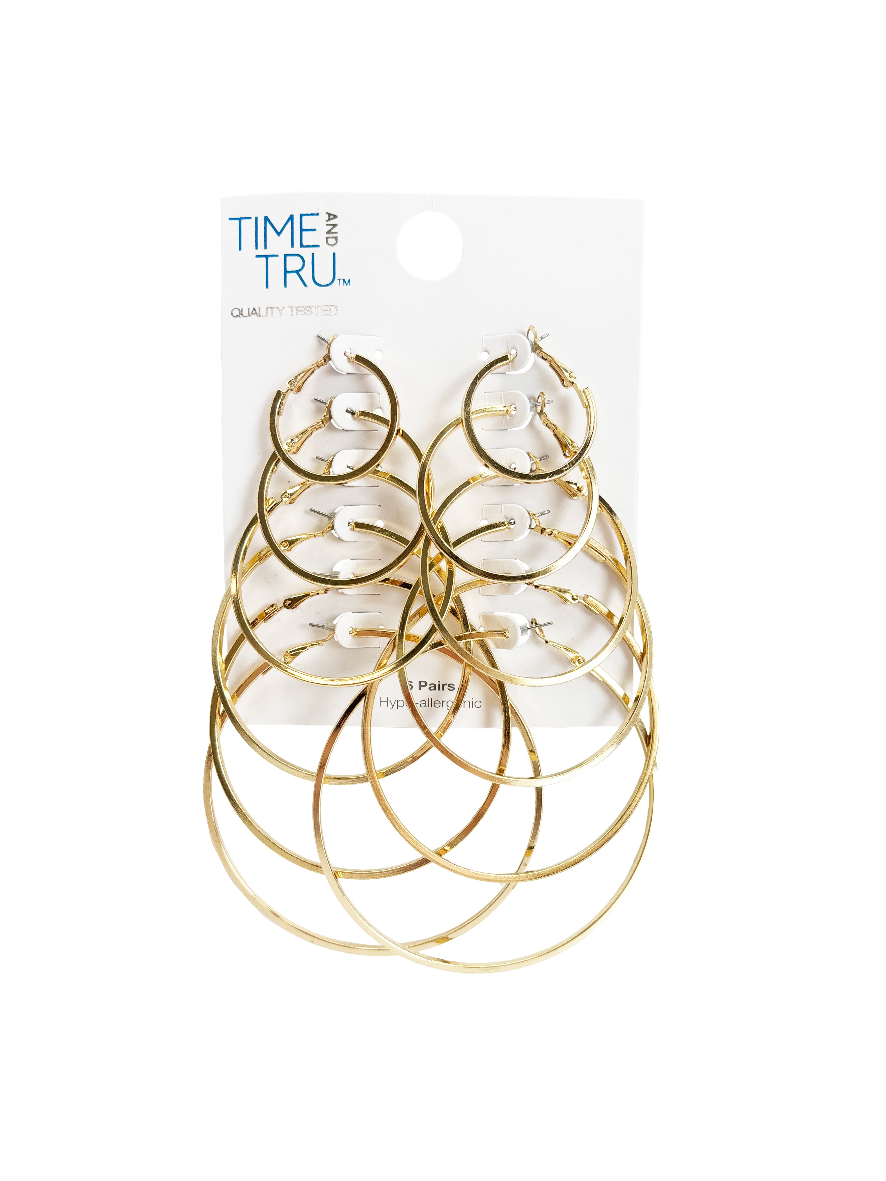 Time and Tru Women's 6 Pairs of Graduated Gold Tone Smooth Wire Hoops. Fashion Basic Earring Set to Match Your Mood of the Day.