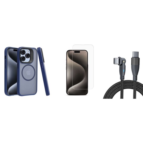 Bemz Phone Case for iPhone 15 Plus with Shockproof Protective Wireless Charging Ring Cover, Tempered Glass Screen Protector, 40W USB C Car Charger Adapter - 5 Foot (Dark Blue)