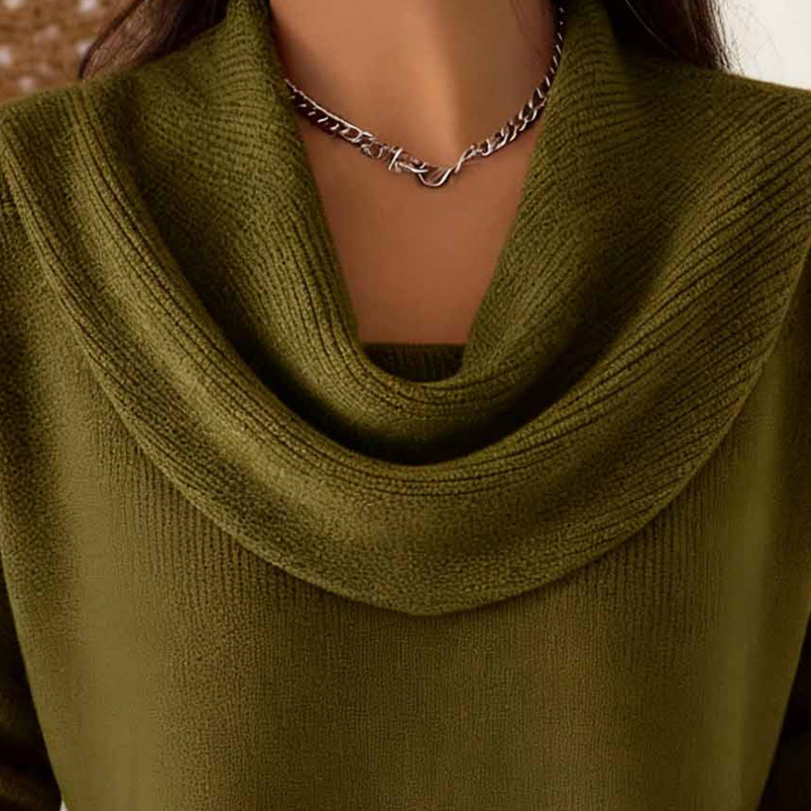 Draped Cowl Neck Sweater for Women, Knitted Long Sleeve Casual Pullover Sweaters Loose Comfy Tunic Tops