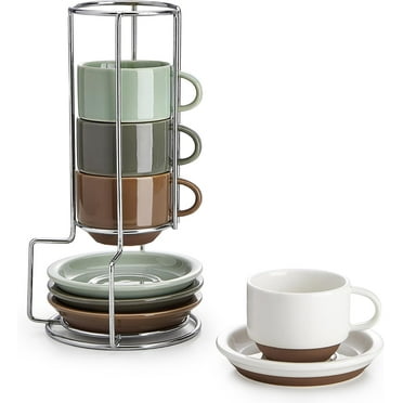 2.5 Ounce Espresso Cups Set of 4, Porcelain Stackable Coffee Cups with Saucers and Metal Stand, Multicolor