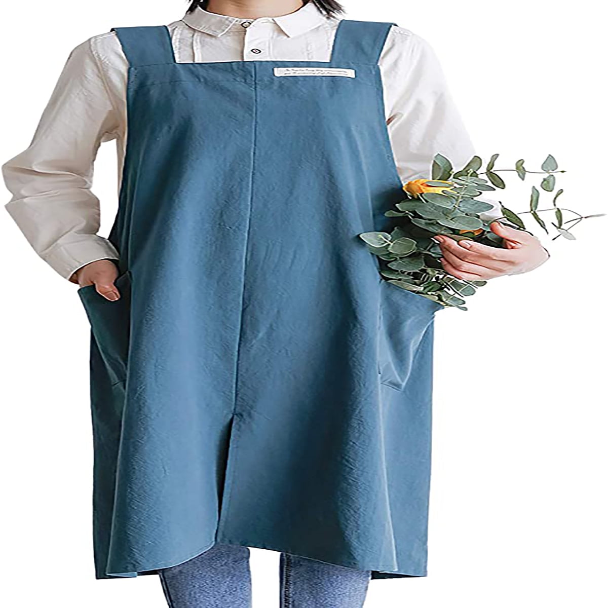 Kepooman 100% Cotton Cross-Back Aprons with Pockets for Women Men, 51" x 33.5", Blue