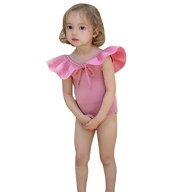 MEZZALL Swimsuit For Girls Swimsuit With Ruffles Little Girl Baby Triangle Hot Spring Vacation Soft Toddler Beachwear, Pink, 5-6 Years