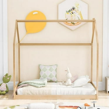 Twin Size Wood Platform Bed Frame with Roof, Premium Twin House Floor Bed, Multifunctional Tent Bed for Boys Girls Bedroom Furniture, No Box Spring Needed, Natural