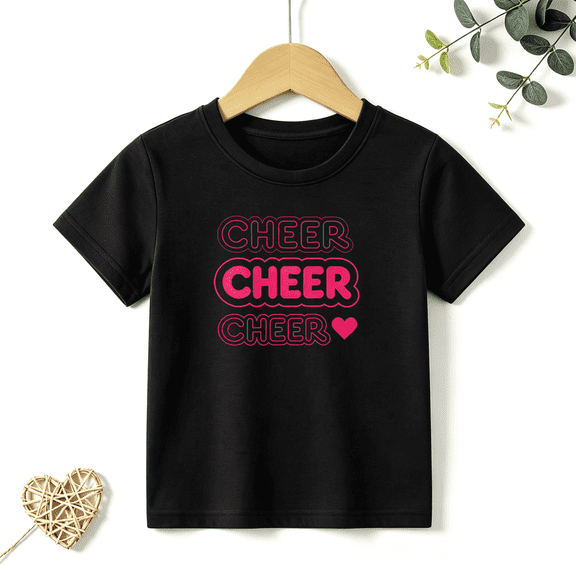 Girls Graphic Tees Cheer Leader Heart Kids T Shirt Dance Sport 100% Cotton Short Sleeve Soft Tops 4-13Y