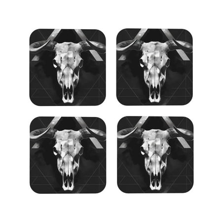 

Honeii White Black Sheep skull Print Leather Coaster Set of 4 Ideal for Safeguarding Your Furniture from Drinks Spills and Effortless Cleanup-Square