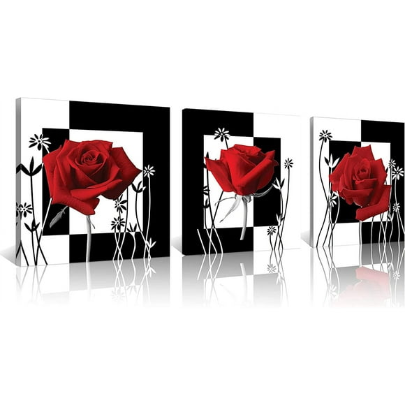 3 pc Red Rose Wall Decor Black and White Red Rose Pictures for Wall Canvas Art Red Bedroom Decor Red Wall Art Flower Picture on Canvas for Home Decor Stretched and Framed 12X12inches