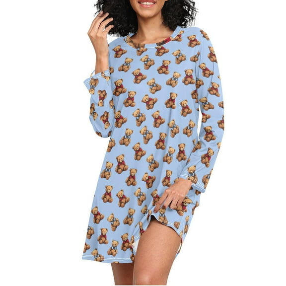 joogoo Cartoon Bears Women's Long Sleeve Nightgown Sleepwear L
