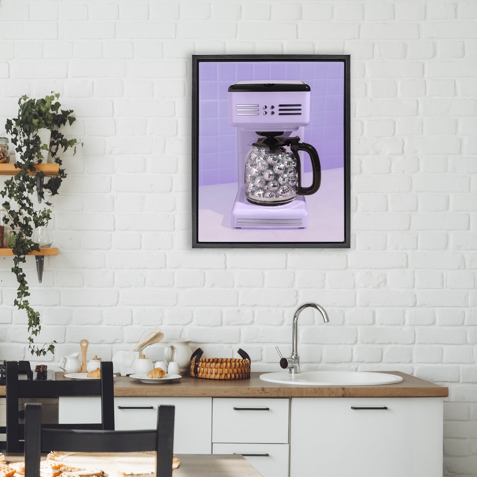 Stupell Industries Disco Coffee Maker over Purple Black Framed Floater Canvas Wall Art, design by LISH Creative