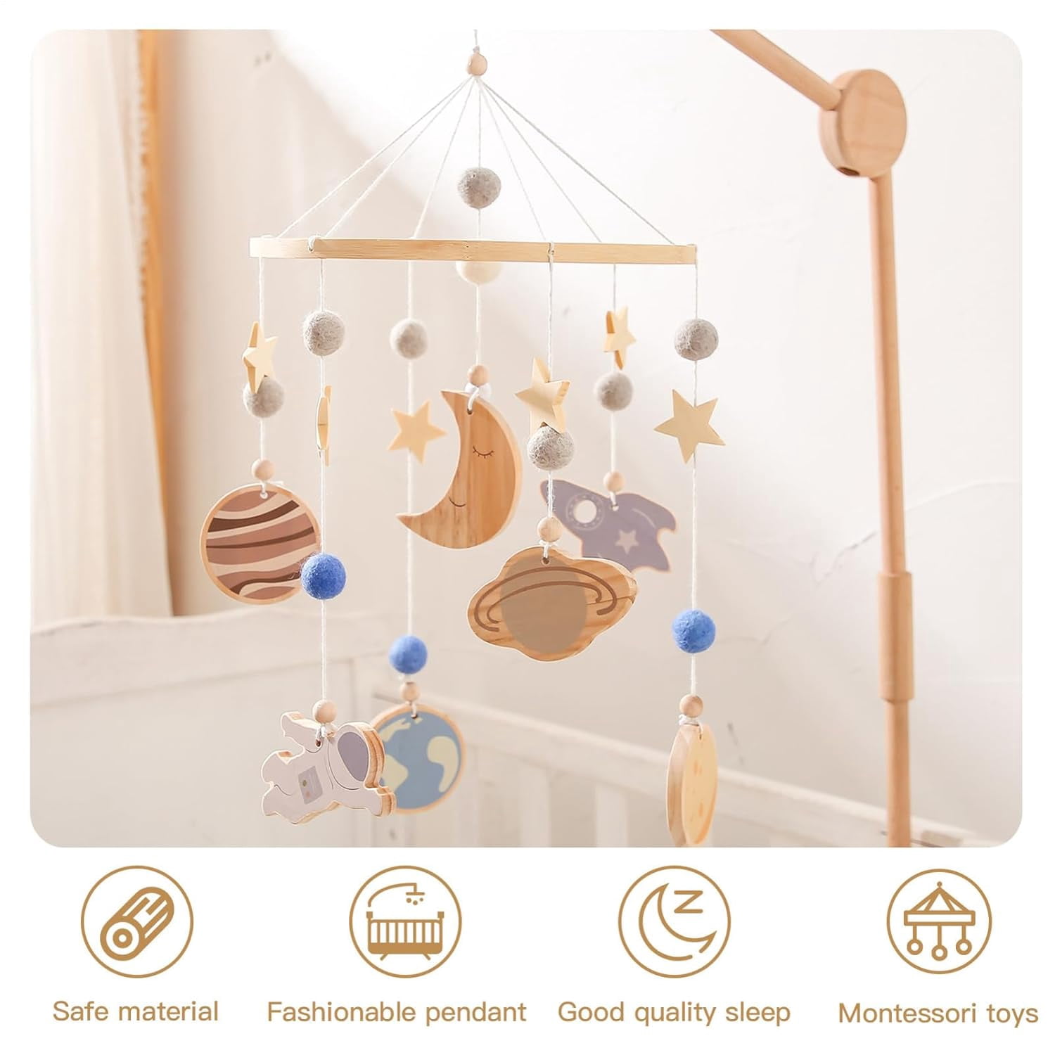 Bassinet Mobile 360° Rotating Space Theme | Wooden Crib Mobile for Baby Boys Girls | Soothing Nursery Decor with Planets Spaceship | Hanging Bedding Toy for Travel Sleep Play(DSF)