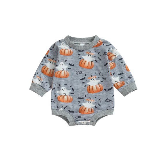 Liacowi Newborn Baby Boys Halloween Outfit Long Sleeve Ghost Pumpkin Print Romper Bodysuit 3 6 12 18 Months Infant Boys Halloween Onesie Jumpsuits 0-18M