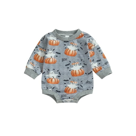 

Autumn Baby Boys Girls Romper Ghost Pumpkin Print Long Sleeve Button Halloween Jumpsuits