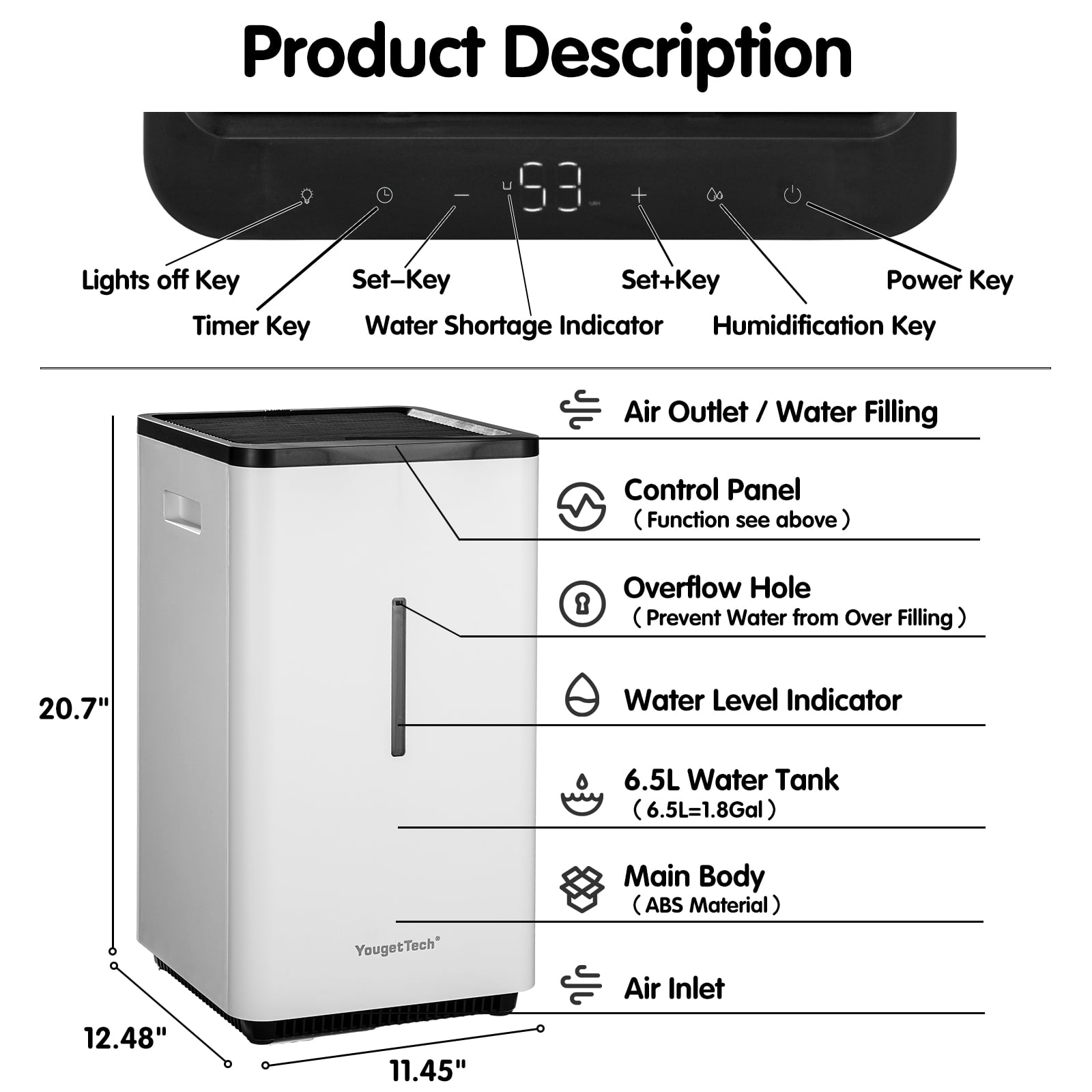 YougetTech Evaporative Humidifiers for Large Living Space, 6.5L(1.8Gal) Tank Whole Room Humidifier, 30W Cool No Mist Humidifiers, 7 Speed, MAX Output 1500ml/h, Auto Humid, Top Filling