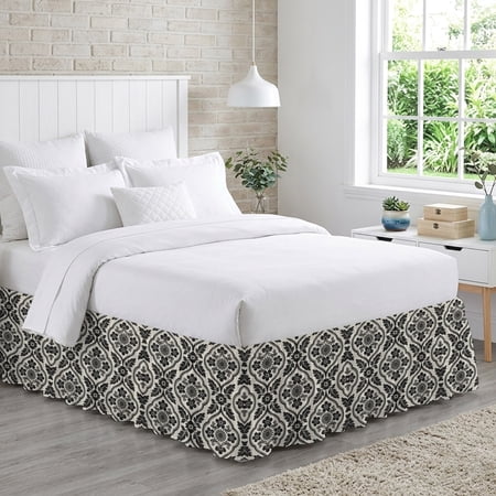 Classic Black Damask Bed Skirt Queen Size 18 Inch Drop, Vintage Leaves Scrolls Cream Adjustable Elastic Dust Ruffles Bedskirt for Queen Bed Wrap Around Pleated Mattress Frame Cover